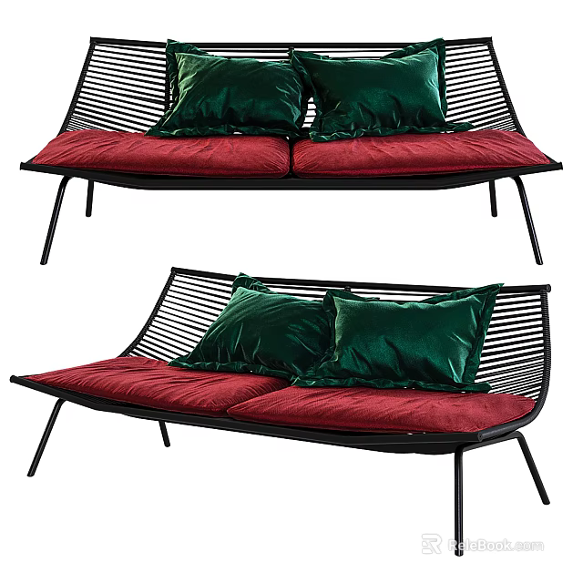 Two-seater Sofa with Black Frame Woven Back Red Cushions and Green Pillows 3d model 
