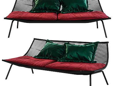 Two-seater Sofa with Black Frame Woven Back Red Cushions and Green Pillows 3d model