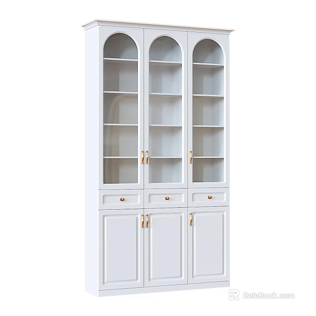 White Storage Cabinet With Glass Doors Open Shelves Drawers And Gold Handles 3d model 