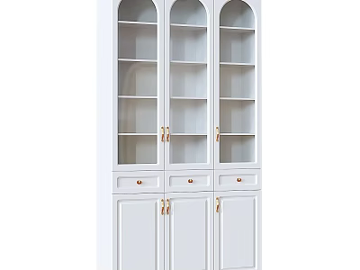 White Storage Cabinet With Glass Doors Open Shelves Drawers And Gold Handles 3d model