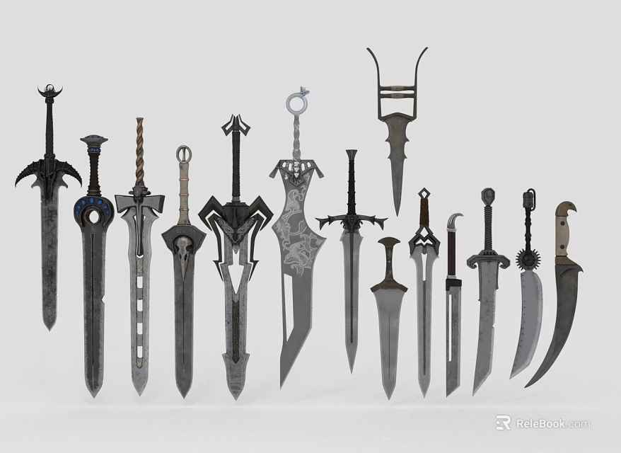 Different Types Of Medieval Fantasy Swords And Knives With Unique Designs 3d model 