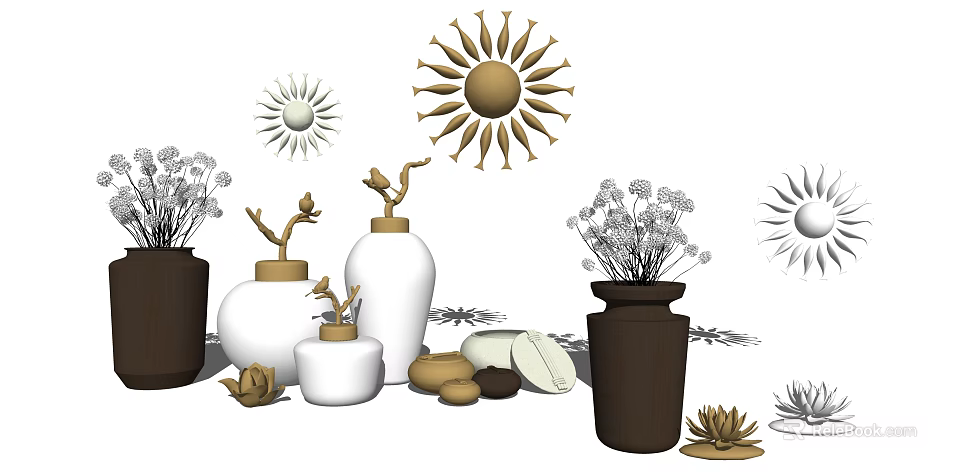 Decorative Ornament Set With Vases Bird Figurines Sun Decor Dried Flowers Stones And Lotus Ornaments 3d model 