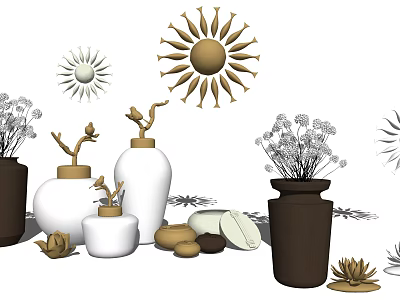 Decorative Ornament Set With Vases Bird Figurines Sun Decor Dried Flowers Stones And Lotus Ornaments 3d model