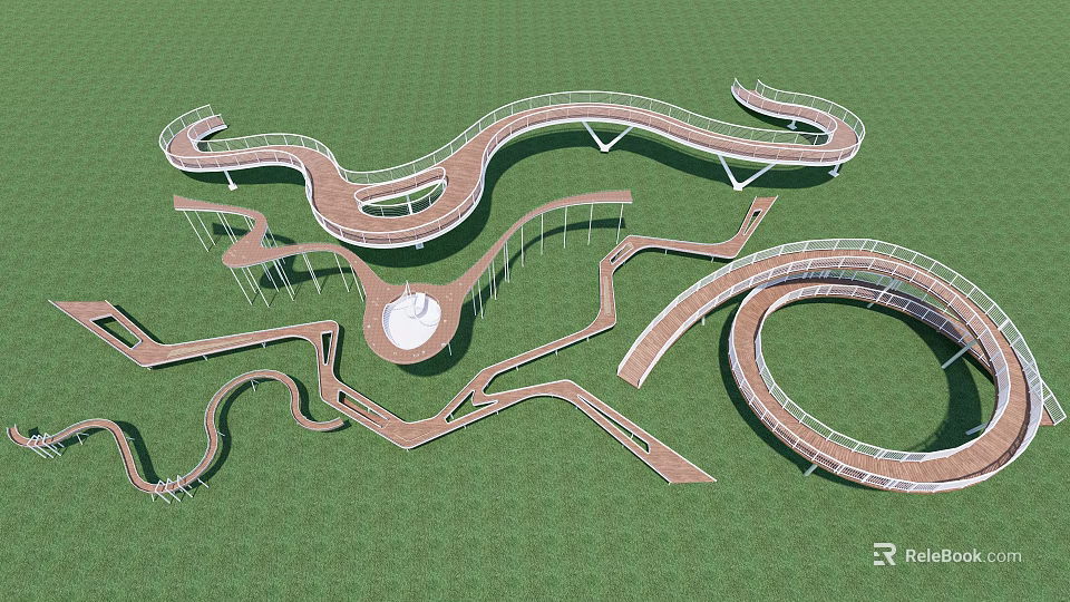 Modern Winding Landscape Bridge With Multiple Curves And Connecting Walkways On Green Grassland 3d model 