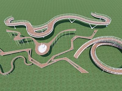 Modern Winding Landscape Bridge With Multiple Curves And Connecting Walkways On Green Grassland 3d model
