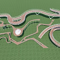 Modern Winding Landscape Bridge With Multiple Curves And Connecting Walkways On Green Grassland