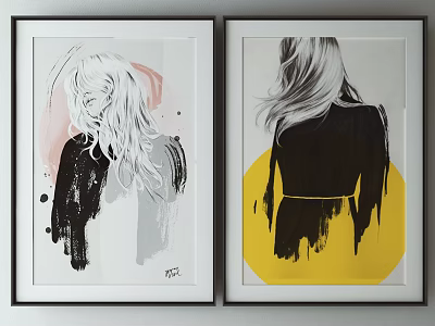 Framed Female Portrait Artworks With Long Hair And Pink Black Yellow Backgrounds 3d model