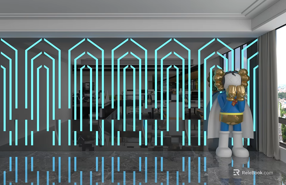 Modern Background Wall With Blue Neon Light Geometric Patterns In Indoor Space 3d model