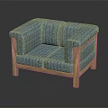 Blue Striped Fabric Single Sofa With Wooden Armrests And Legs