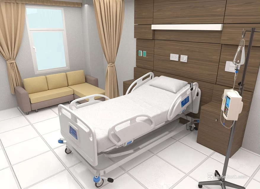 Modern Hospital Ward Interior With Medical Bed IV Stand Sofa And Wooden Wall Panels 3d model 