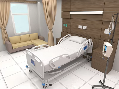 Modern Hospital Ward Interior With Medical Bed IV Stand Sofa And Wooden Wall Panels 3d model