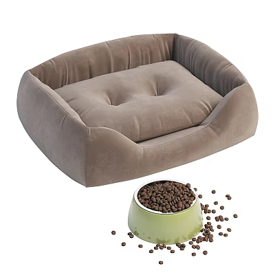 Soft Brown Pet Bed With Green Bowl And Scattered Pet Food 3d model