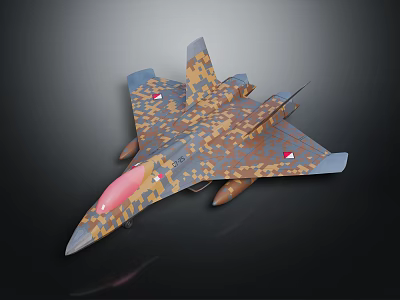 Camouflage Fighter Jet Model with Pink Nose Flags on Wings and Dark Background 3d model