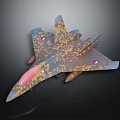 Camouflage Fighter Jet Model with Pink Nose Flags on Wings and Dark Background
