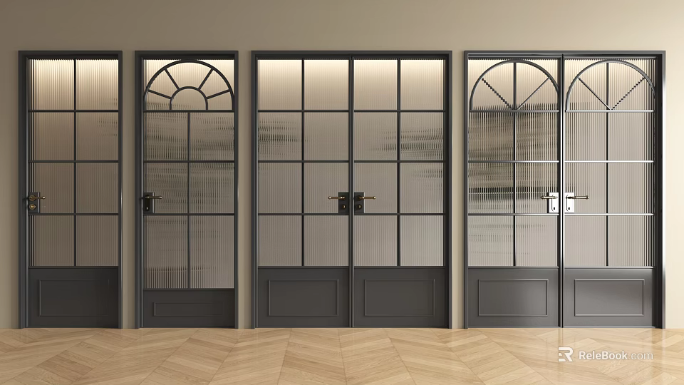 Stylish Gray Double Doors With Glass Grid Design Arched Top And Herringbone Floor 3d model 