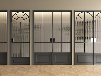 Stylish Gray Double Doors With Glass Grid Design Arched Top And Herringbone Floor 3d model