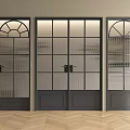 Stylish Gray Double Doors With Glass Grid Design Arched Top And Herringbone Floor