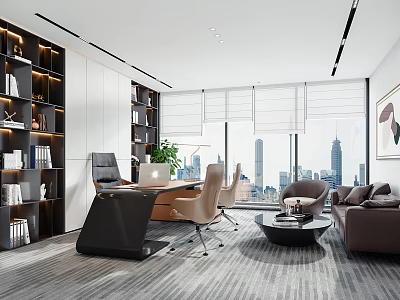 Modern Office Interior With Desk Bookshelves Sofa Plants And City View Through Large Windows 3d model