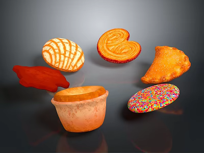 Assorted Colorful Sweet Pastries Featuring Heart Shaped Shell Patterned Triangle and Cup Treats with Sprinkles 3d model