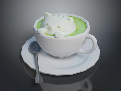 White Ceramic Cup With Green Drink And Cat Shaped Foam On Saucer With Spoon 3d model
