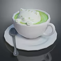White Ceramic Cup With Green Drink And Cat Shaped Foam On Saucer With Spoon