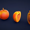 Fresh Whole Bitten And Sliced Peach With Visible Pit On Dark Background