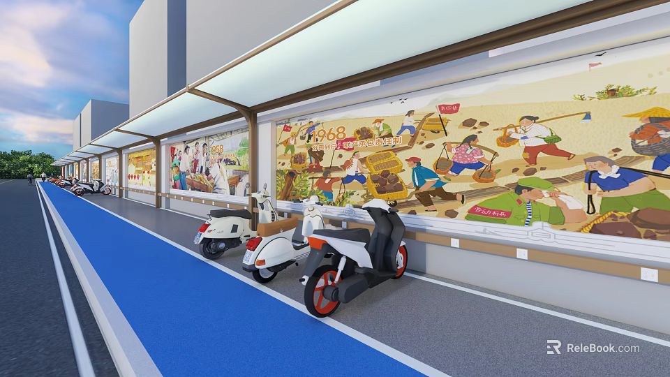 Eco friendly Parking Lot With Colorful Mural Art And Parked Scooters Under Canopy 3d model 