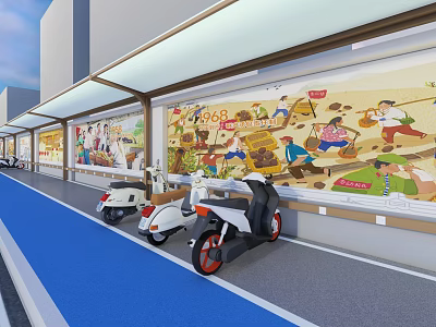 Eco friendly Parking Lot With Colorful Mural Art And Parked Scooters Under Canopy 3d model