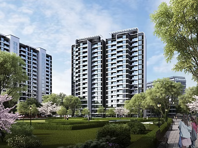 Modern High Rise Residential Building with Lush Greenery Trees and Landscaped Garden Walkway 3d model