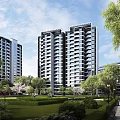 Modern High Rise Residential Building with Lush Greenery Trees and Landscaped Garden Walkway
