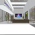 Modern Service Hall Interior With Two Story Design Glass Doors Plants And Digital Screen