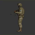 Military Soldier in Camouflage Uniform with Helmet Goggles and Rifle Standing on Gray Background