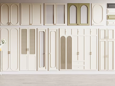 Various Style Cabinet Doors In White Beige With Arched Rectangular Designs Arranged On Wall 3d model
