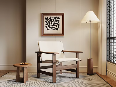 Accent Chair In Cozy Interior With Decorative Painting Floor Lamp Wooden Side Table And Rug 3d model