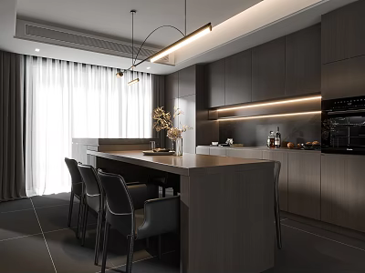 Modern Restaurant Open Kitchen Interior With Island Counter Cabinets And Lighting 3d model