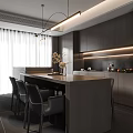 Modern Restaurant Open Kitchen Interior With Island Counter Cabinets And Lighting