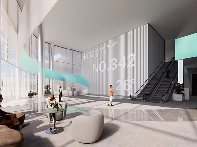 Modern Open Service Hall With Spiral Staircase Digital Display Marble Floor And Glass Curtain Walls 3d model