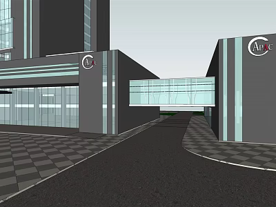 Modern Office Building With Glass Skywalk Gray Exterior And Checkerboard Floor 3d model