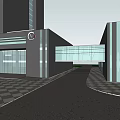 Modern Office Building With Glass Skywalk Gray Exterior And Checkerboard Floor