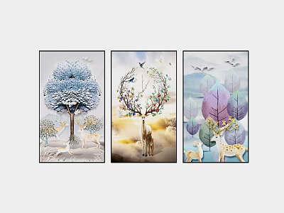 Three Panel Decorative Wall Art With Tree Deer And Seasonal Scenery 3d model