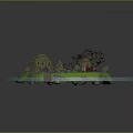 Cartoon Island Scene with Green Grass Trees Small House and Bridge Surrounded by Water
