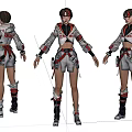 Game Character Combat Style Outfit With Red White Details Three Quarter Front Back Views