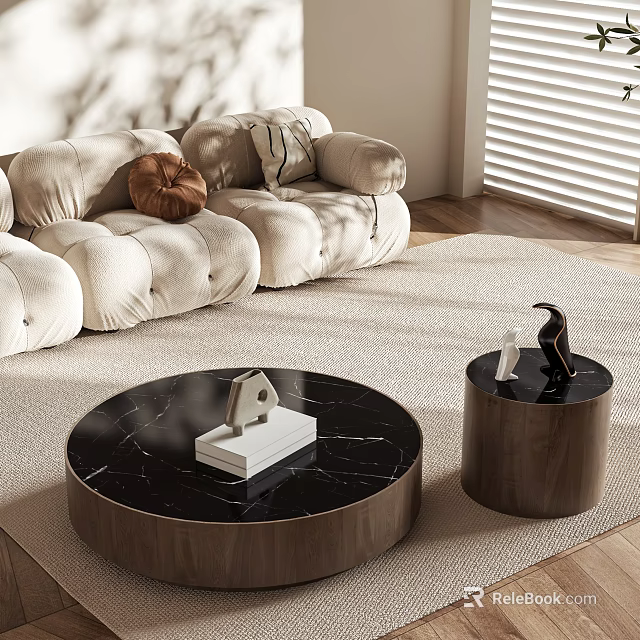 Modern Living Room Round Black Marble Coffee Table With Wooden Base And Sculpture 3d model 