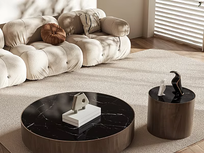 Modern Living Room Round Black Marble Coffee Table With Wooden Base And Sculpture 3d model