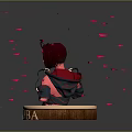 Hekate Game Character With Red Hair Bandaged Outfit And Pink Feathers On Wooden Base