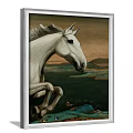 Leaping White Horse Animal Painting With Scenic Mountain Water Landscape Background