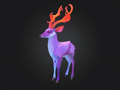 Colorful Low Poly Deer With Pink Purple Antlers Against Black Background 3d model