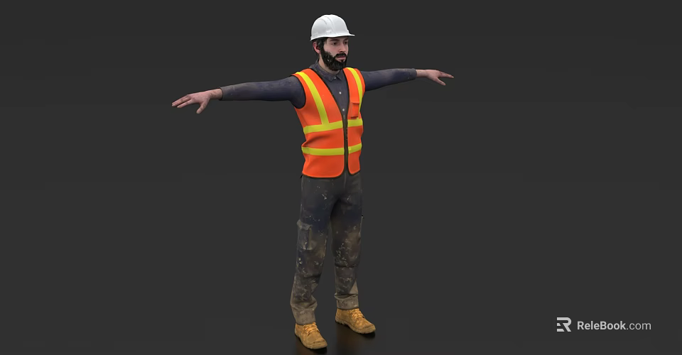 Man in White Hard Hat Orange Safety Vest Work Pants Yellow Boots with Arms Outstretched 3d model 