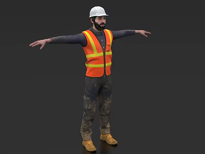 Man in White Hard Hat Orange Safety Vest Work Pants Yellow Boots with Arms Outstretched 3d model