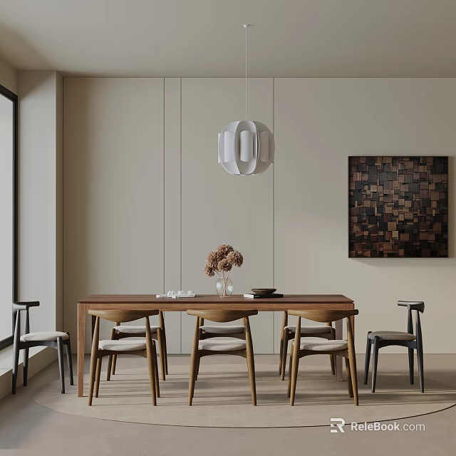 Minimalist Modern Wooden Dining Table Set With Matching Chairs Pendant Light And Wall Art 3d model 